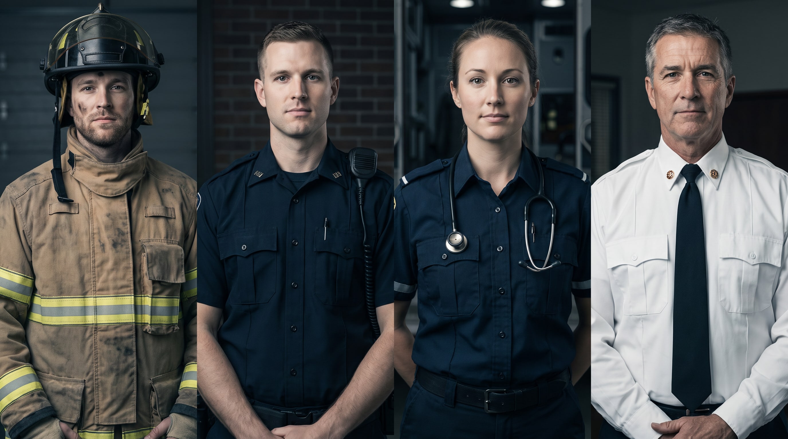 A firefighter, a police officer, an EMS paramedic and a fire chief