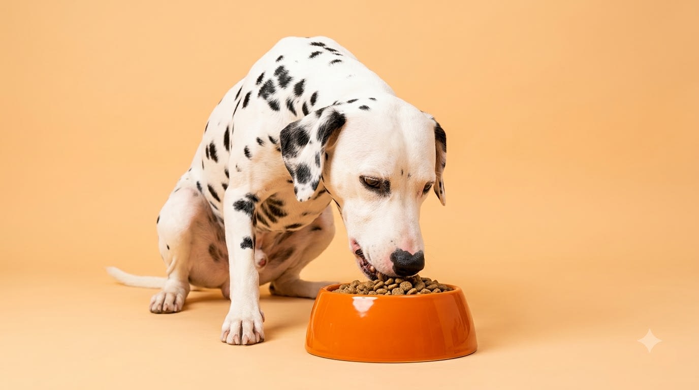 Dalmatian eating from bowl