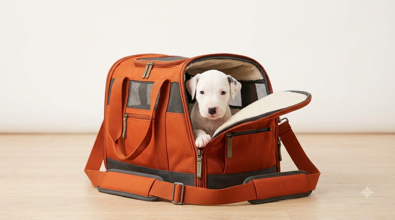 Dalmatian puppy in pet carrier
