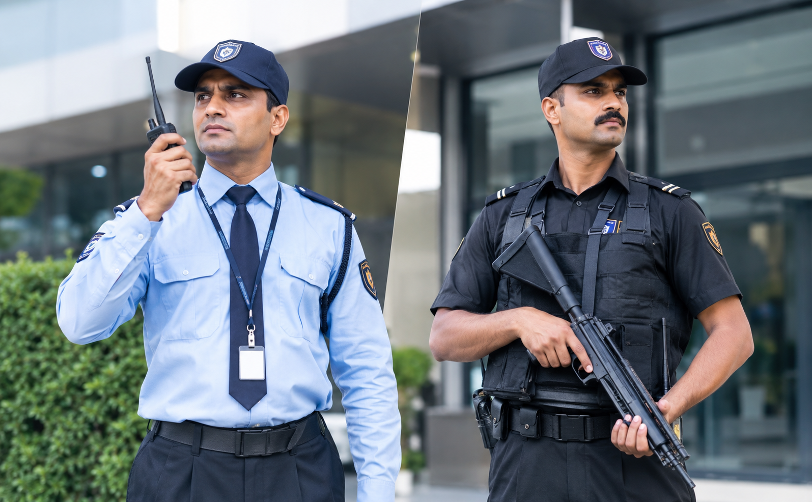 Armed and unarmed security guards protecting a commercial property