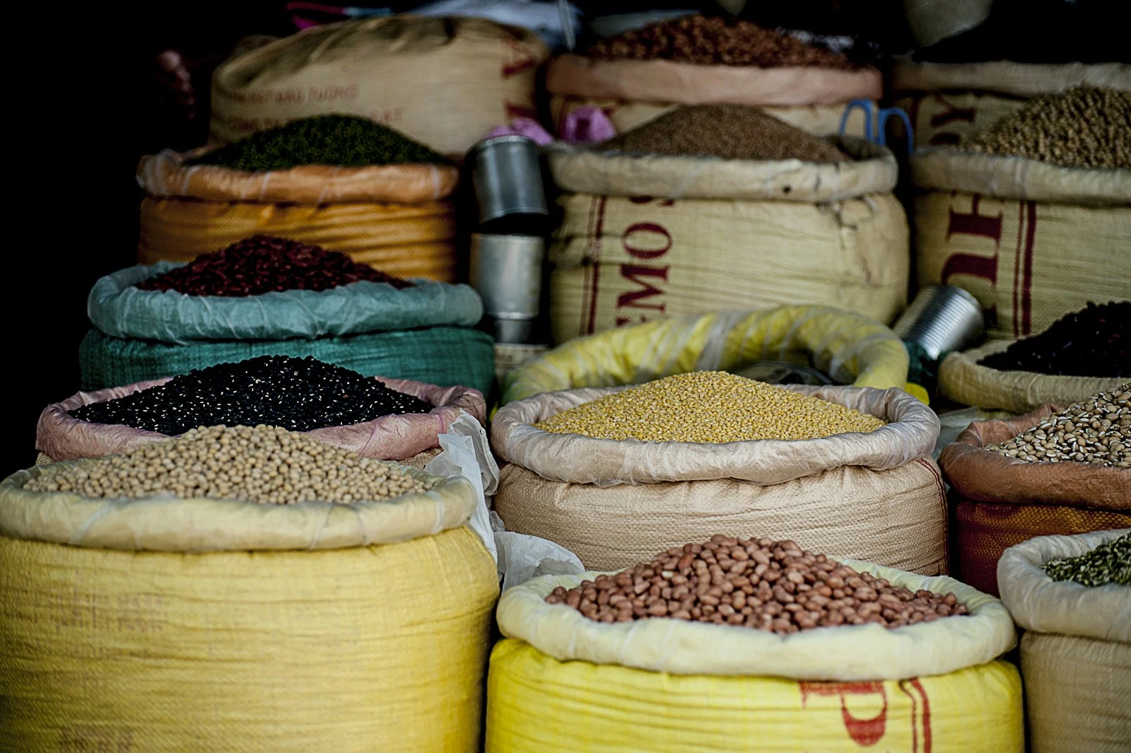 Beans and pulses in sacks at market