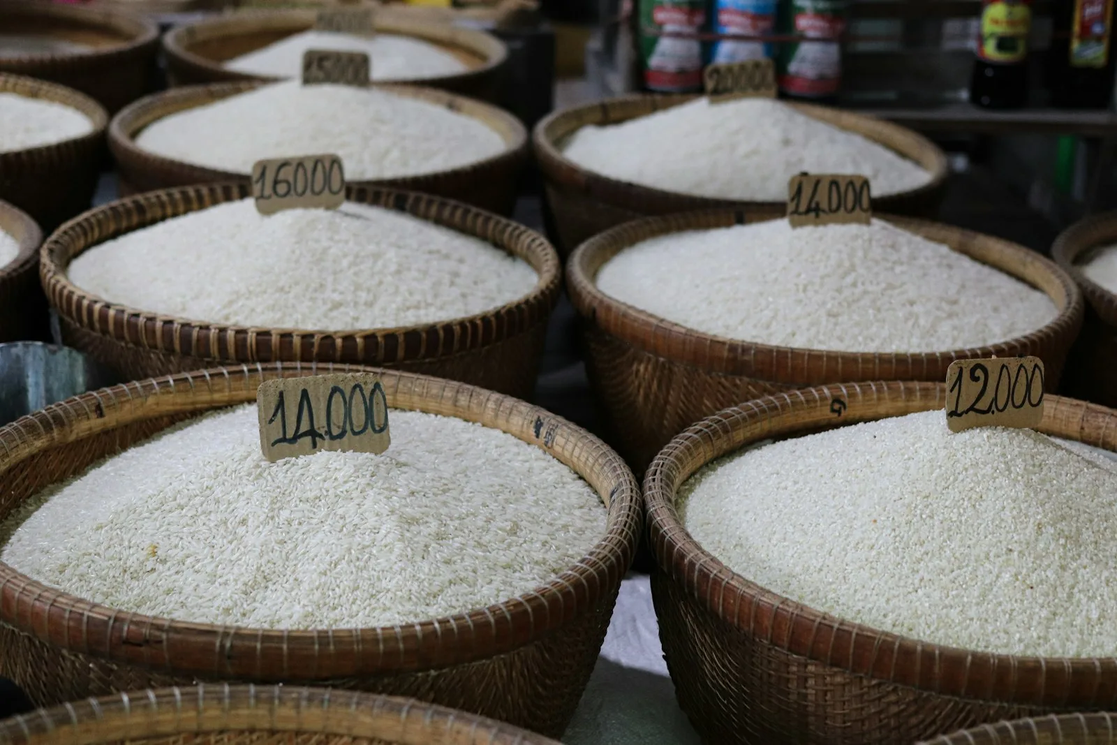 White rice in merchant baskets