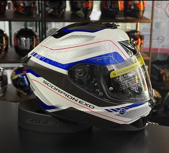CASCO INTEGRAL ECE LEO BLANCO/AZUL - EXO- 391 - SCORPION EXO - VIETNAM vista 1