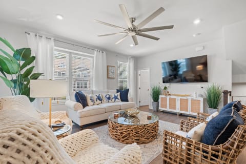 Living room with driftwood coffee table and wall-mounted TV