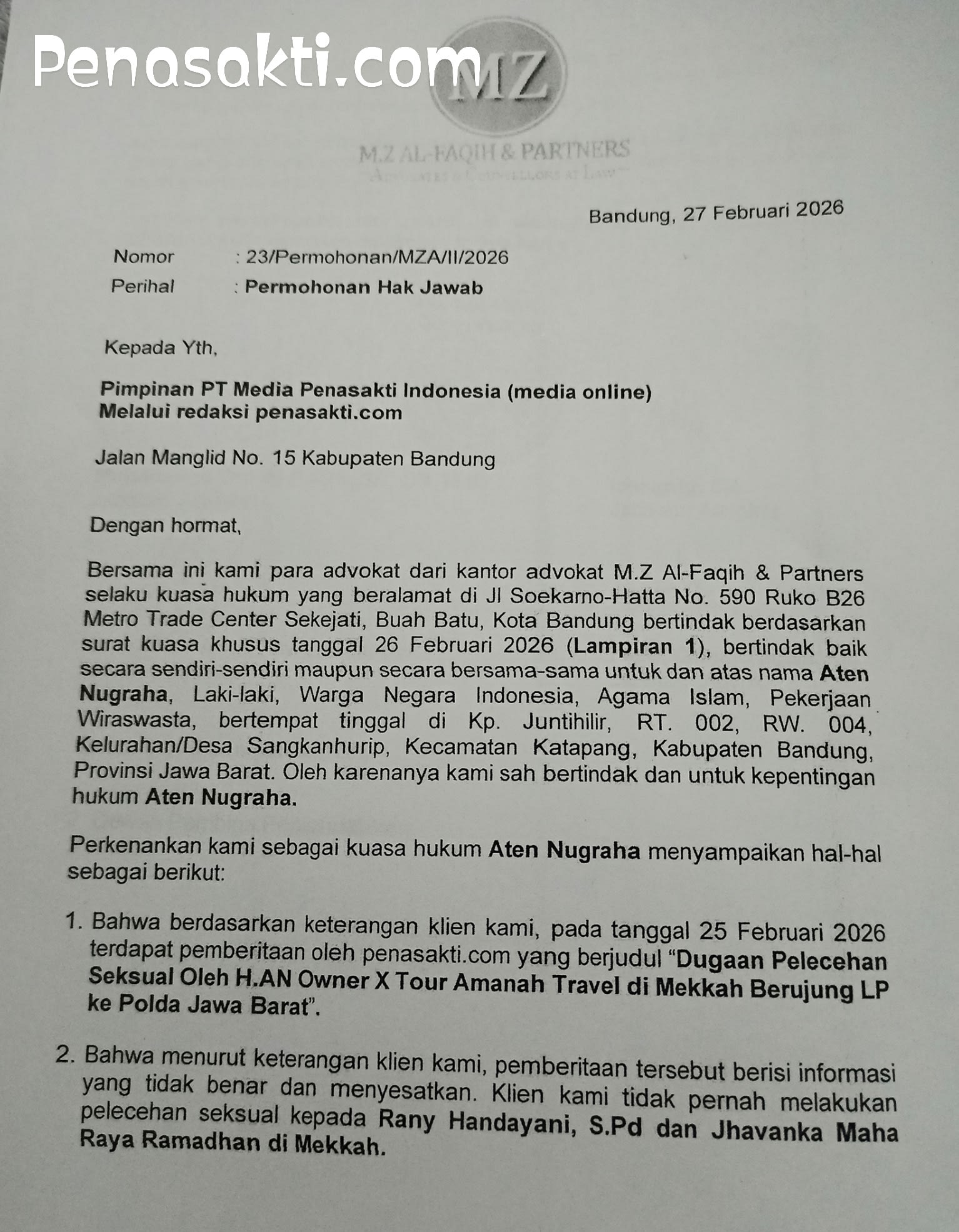 Hak Jawab H. AN dan Kuasa Hukum M.Z Al-Fagih & Fartner Atas Berita Dugaan Pelecehan Seksual Yang telah Dimuat Oleh Penasakti.com