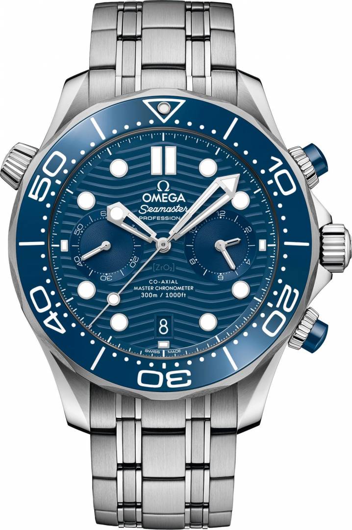 Omegg_a Seamaster Diver 300M Co-Axial Master Chronometer Chronograph silver blue