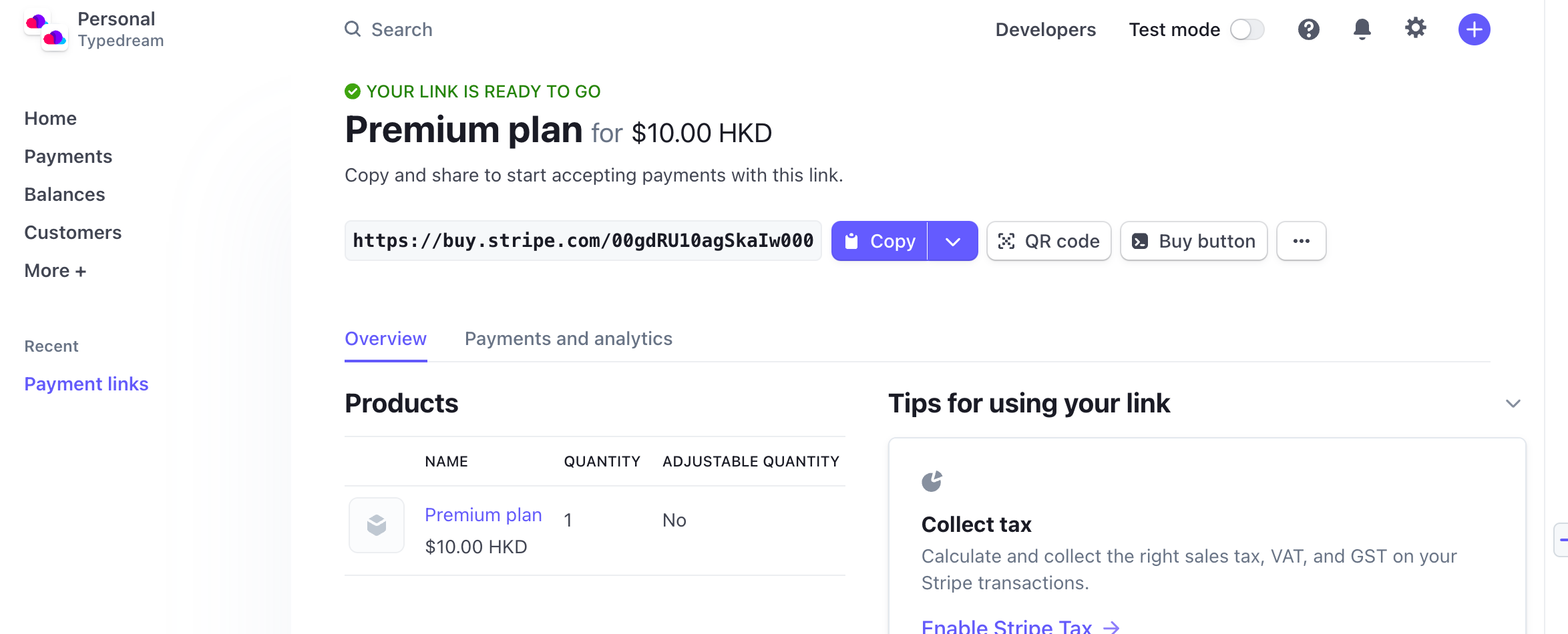 create a payment link in stripe