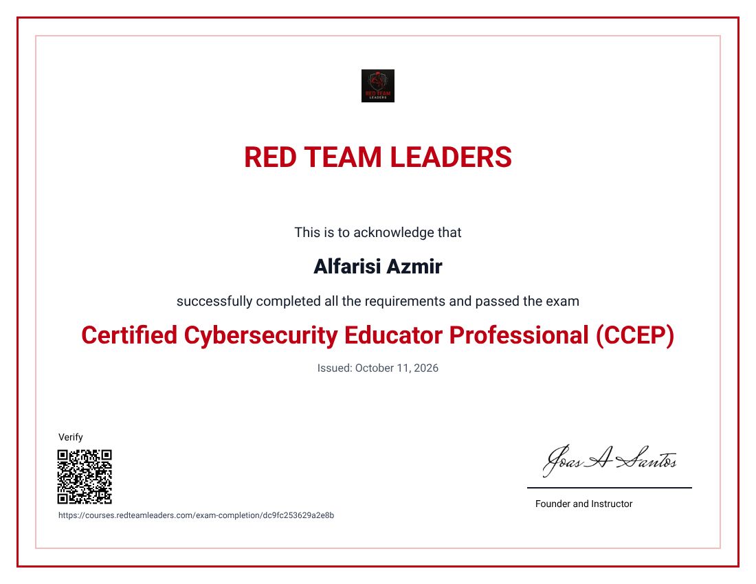 Certified Cybersecurity Educator Professional (CCEP) - Dokumentasi oleh Alfarisi Azmir