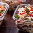 Rice noodles with cabbage, carrot, capsicum, thai basil & almond dressing (DF)