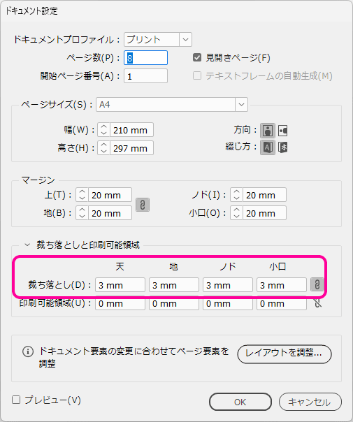 裁ち落としの値はすべて3mm