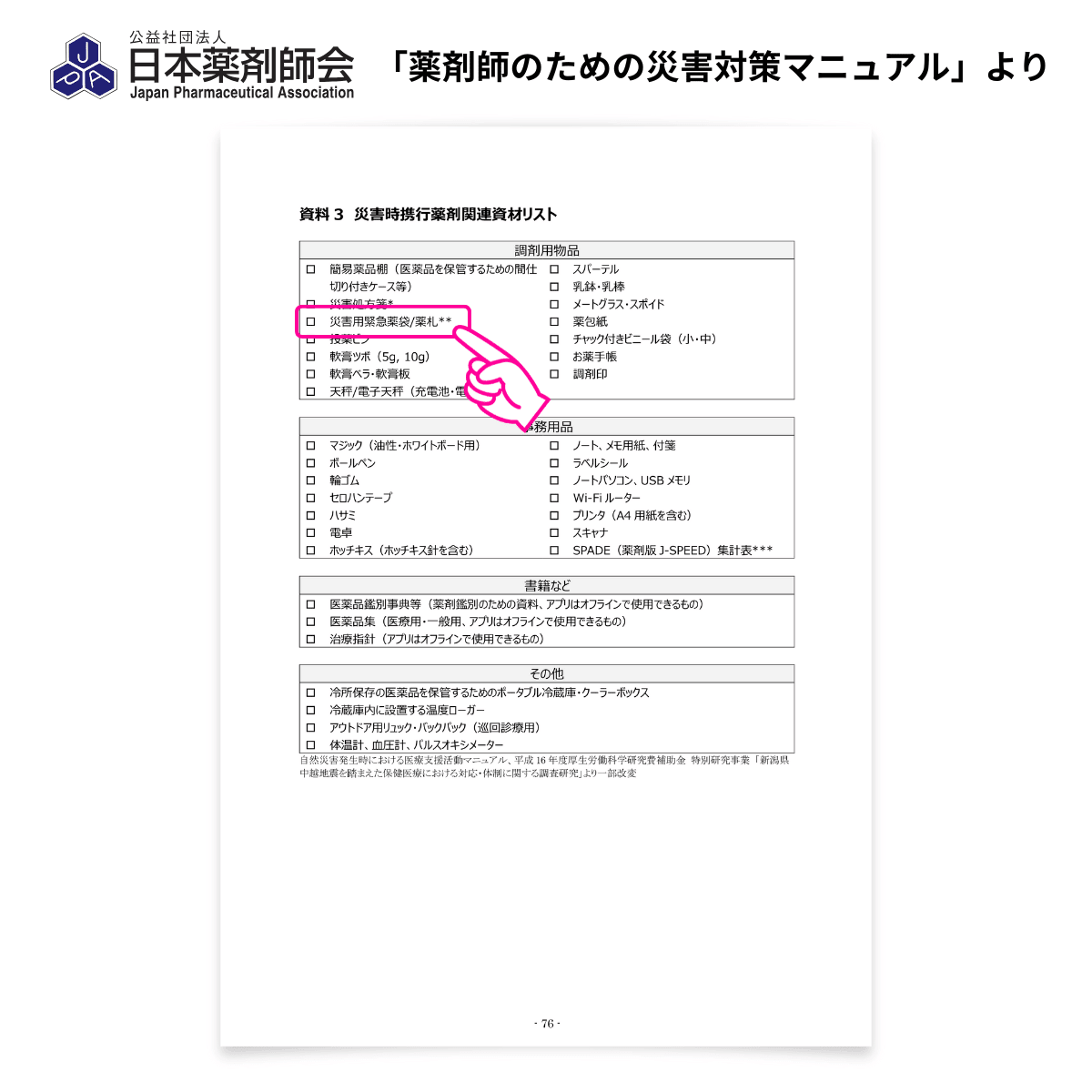災害時携⾏薬剤関連資材リスト