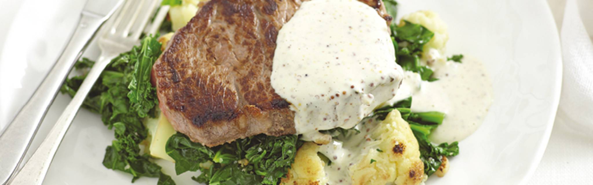 Porterhouse steak with caramelized cauliflower