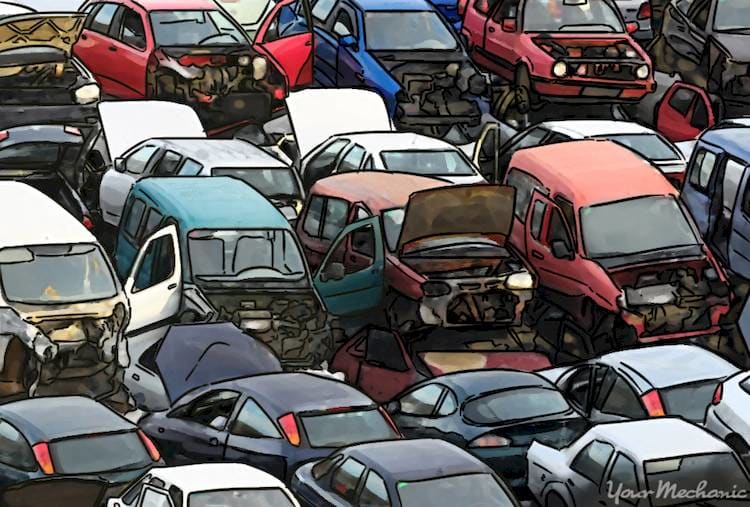 How To Find Replacement Car Parts At A Junkyard YourMechanic Advice   1 How To Replace Damaged Car Body Through Junkyard Replacements Top Down Angled Zoomed Out View Of A Junkyard Full Of Cars Of Different Colors