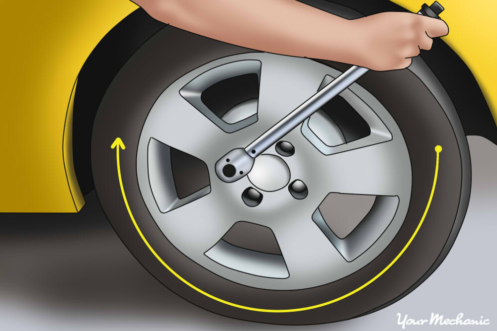 hand torquing lug nuts of wheel
