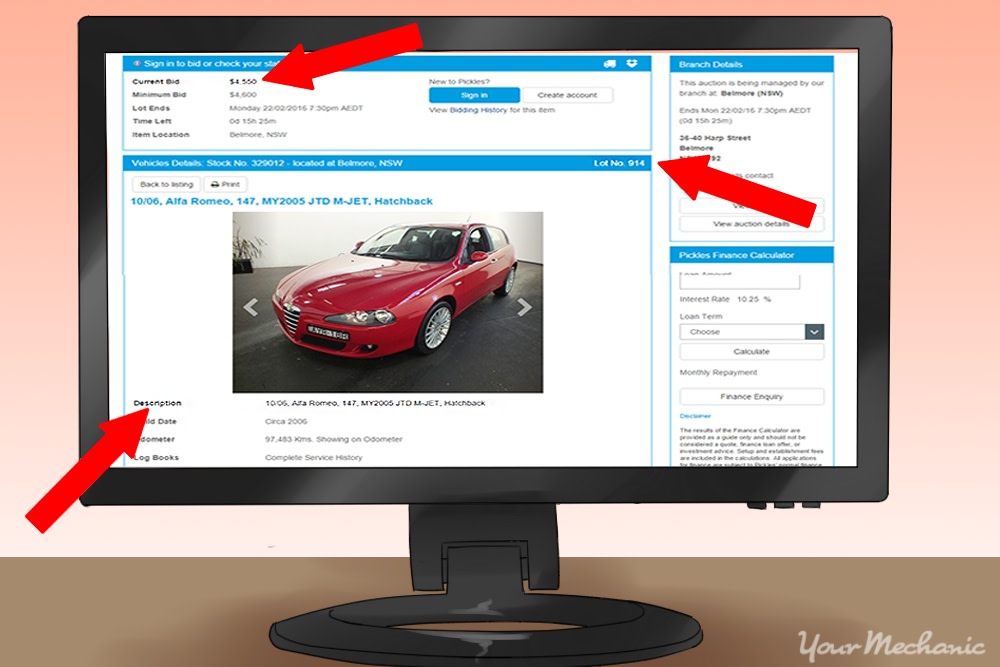 computer with auction site in browser and arrows pointing at details
