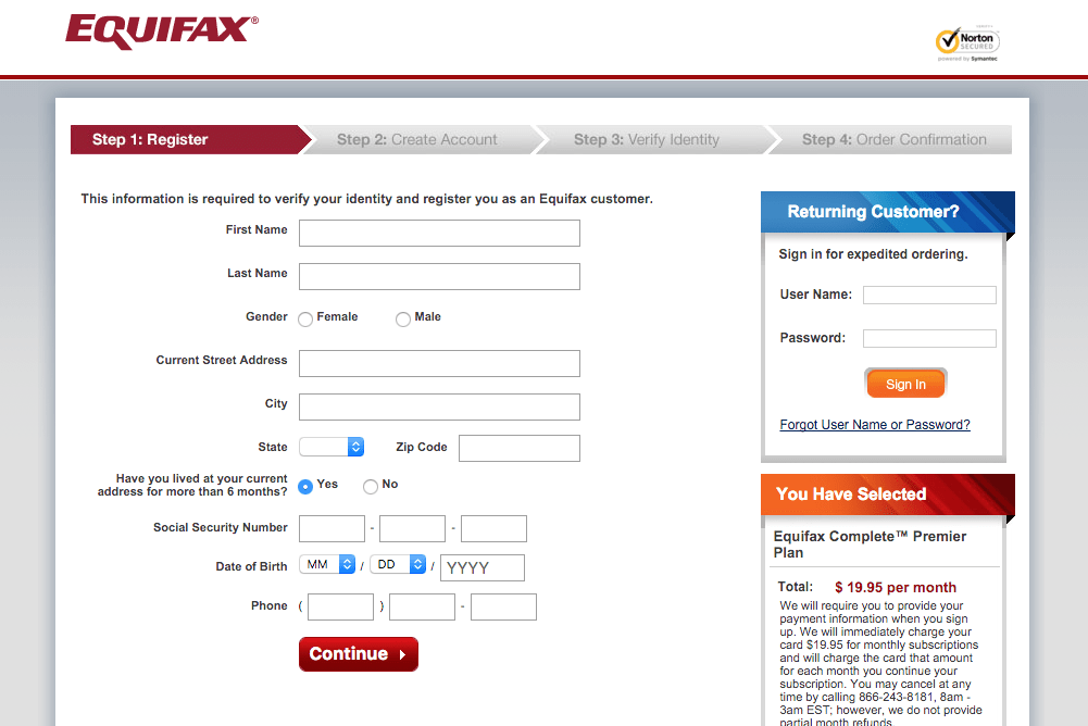 equifax registration screenshot