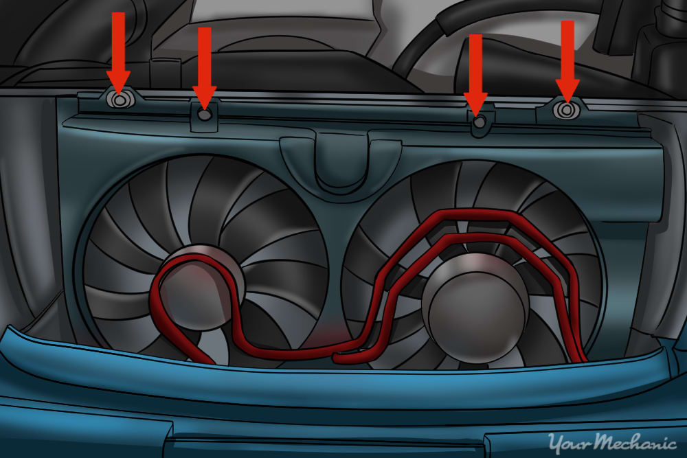 cooling radiator fan assembly with arrows pointing to fasteners