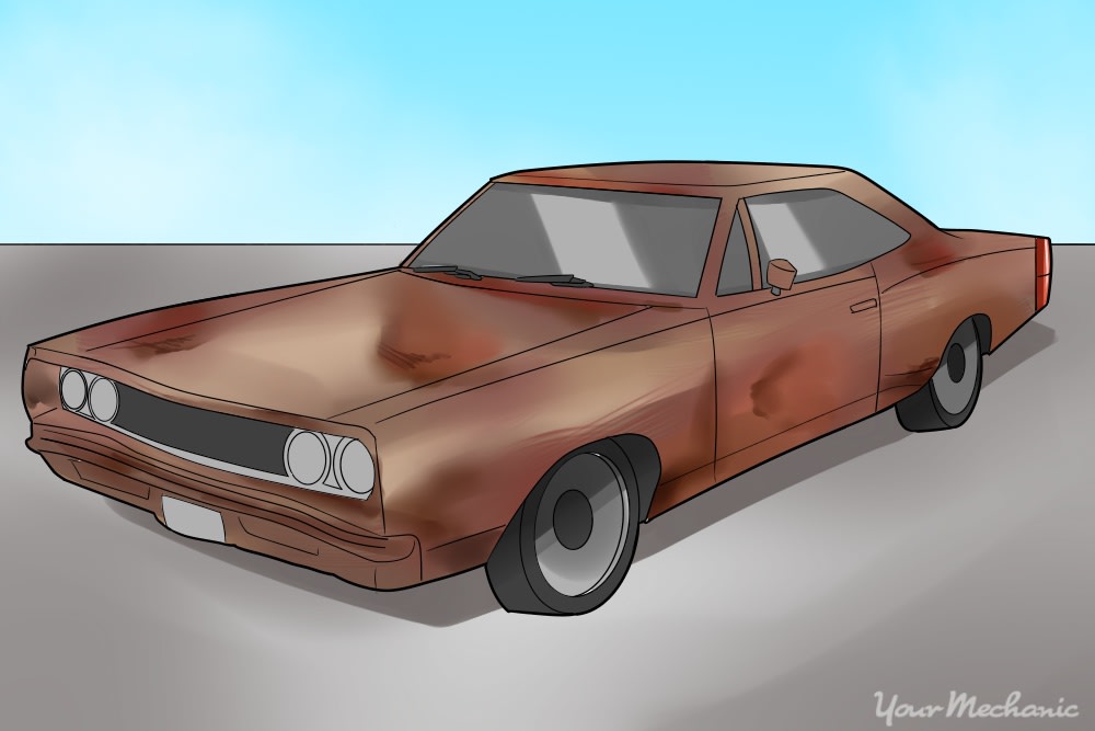 old muscle car covered in rust