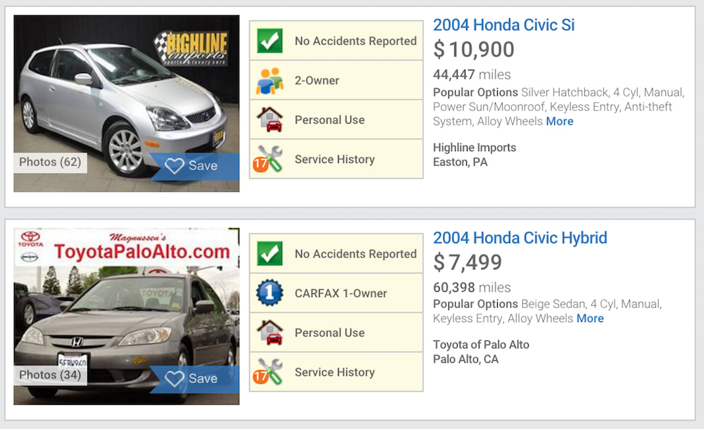 screenshot of used car listings