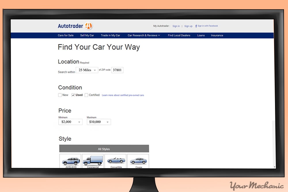 computer monitor on car listing site