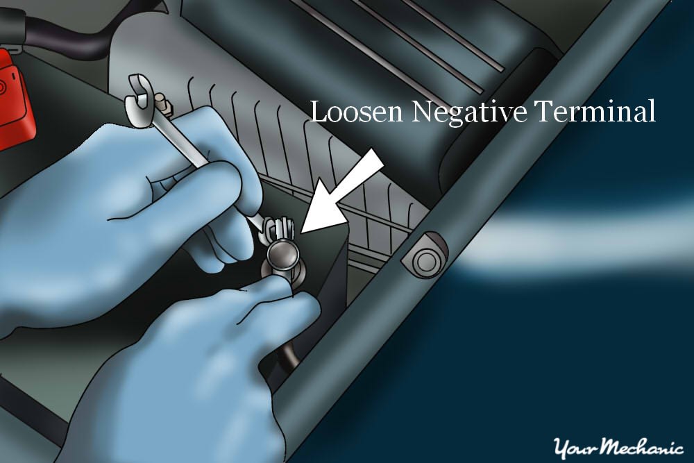 person removing negative battery terminal