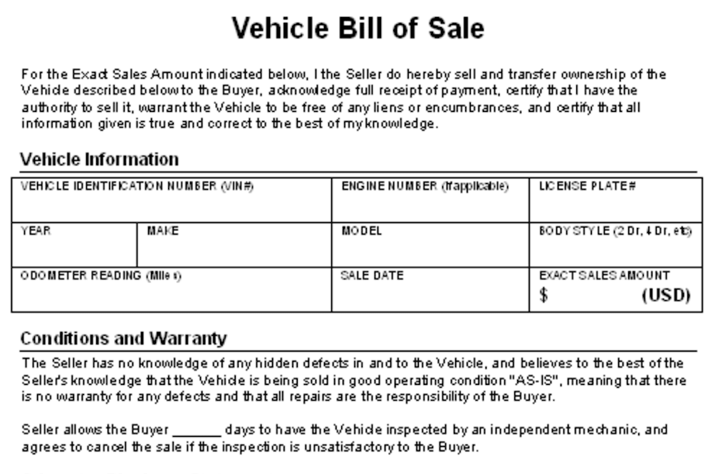 bill of sale agreement