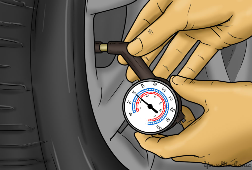 Checking tire pressure with gauge