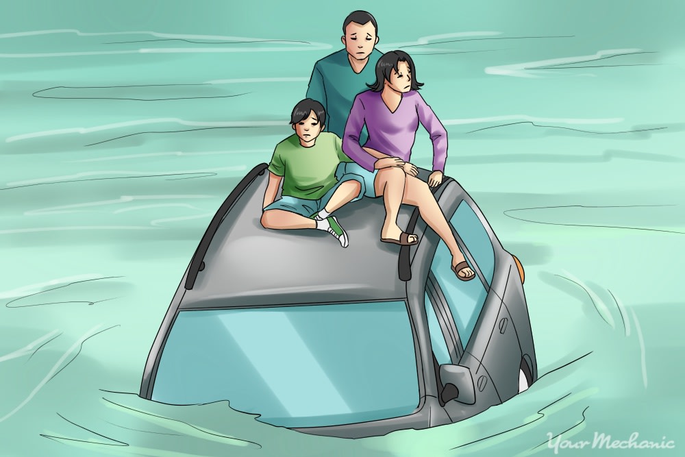 family sitting on top of car