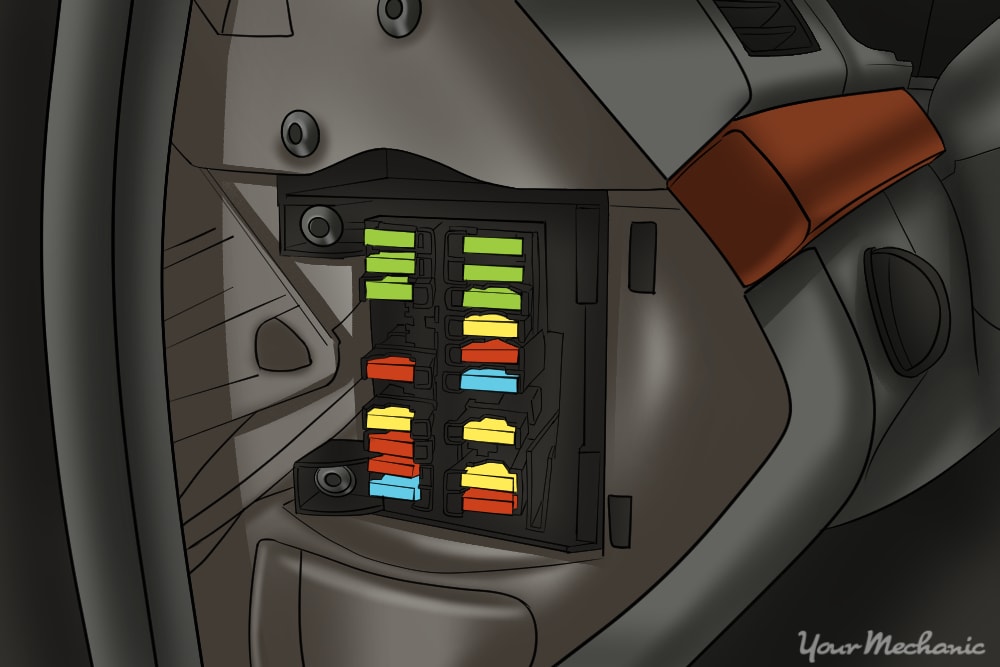 picture of a fuse box inside the cab beneath the dashboard