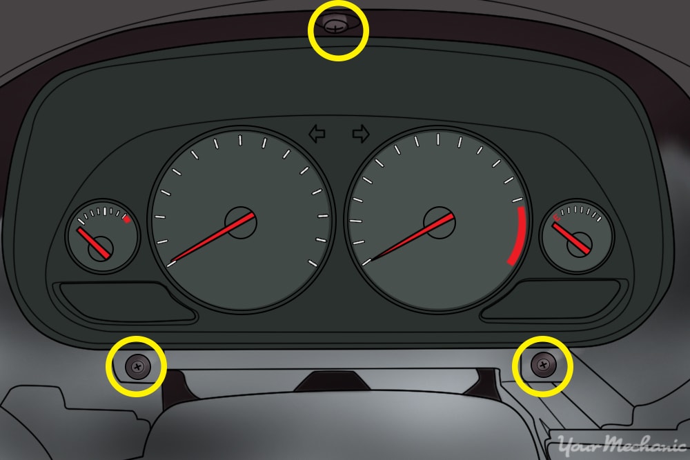 fasteners for instrument cluster circled on dashboard