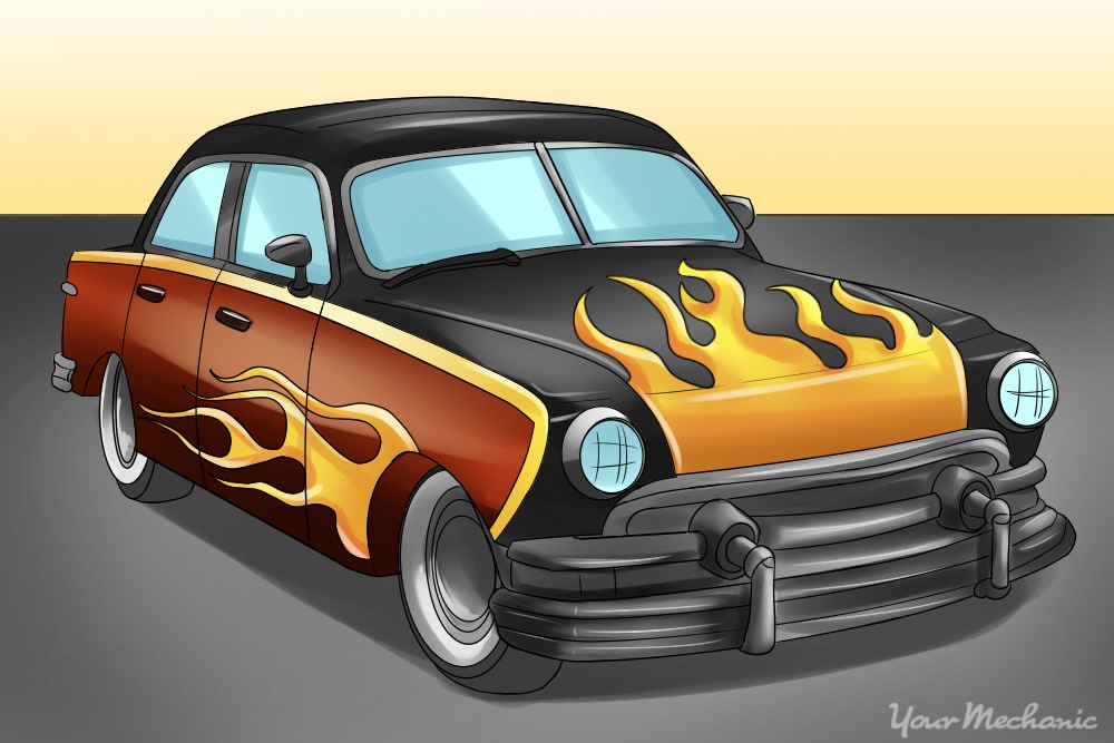 classic car with flame paint job