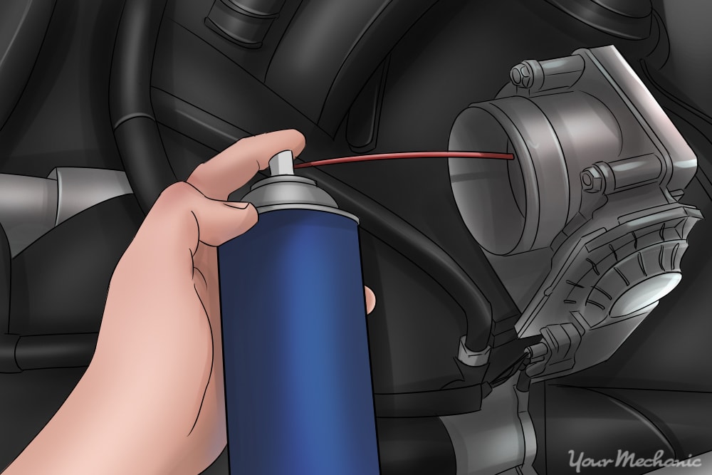 person spraying throttle body cleaner into throttle body