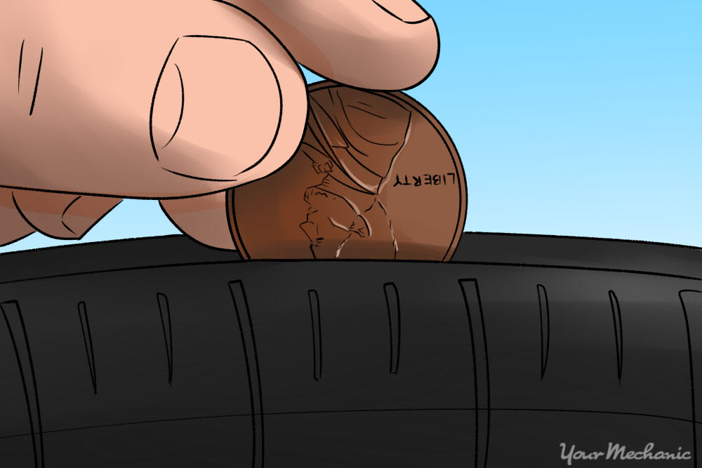 person putting a penny in tire tread