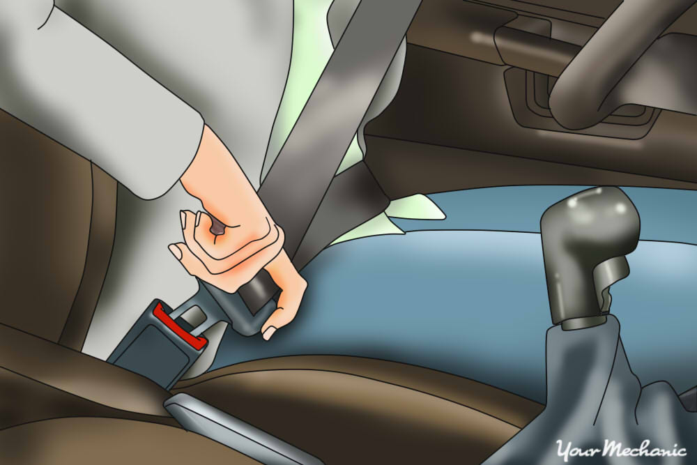 person pulling seatbelt towards buckle