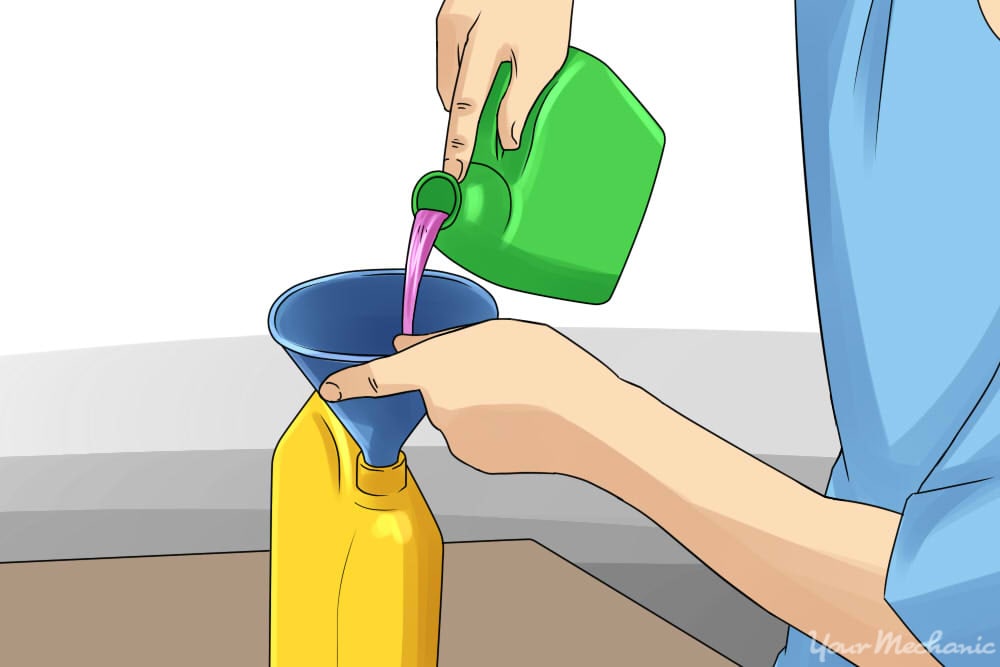 person pouring coolant into another canister