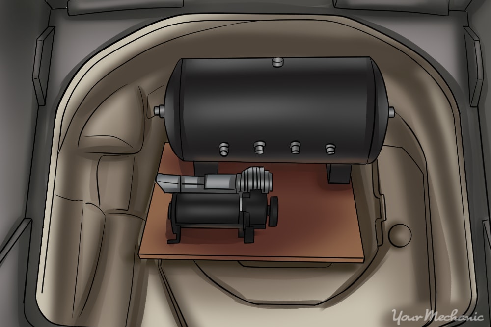 compressor and air tank in spare tire opening