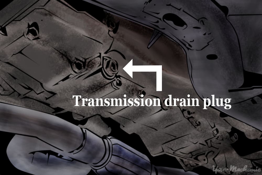 label indicating transmission drain plug