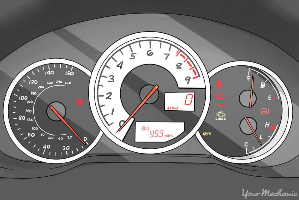 car instrument cluster with indicator lights on