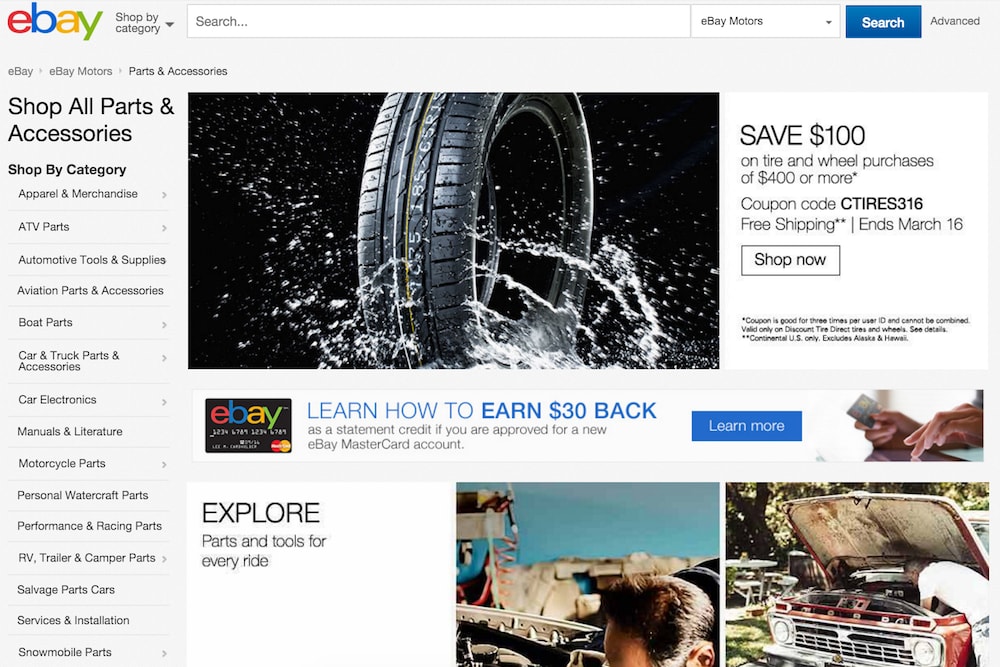 screenshot of ebay automotive section