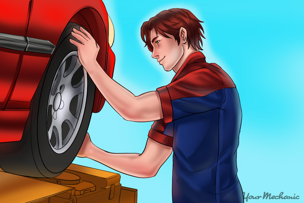 mechanic gripping a wheel on top and bottom of a tire on a raised vehicle