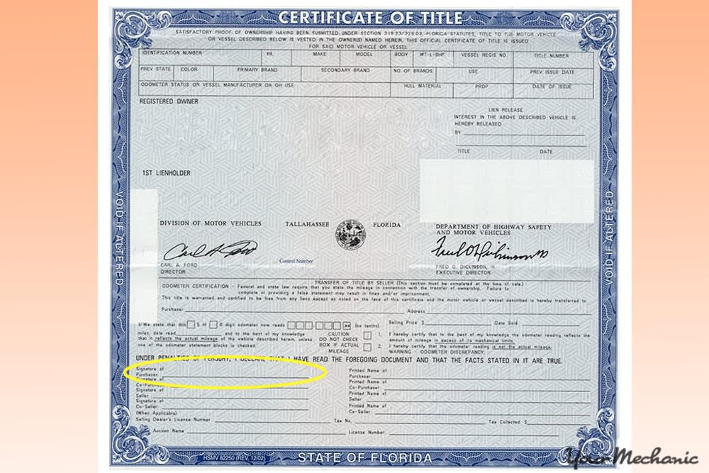 vehicle title clearly showing signature line