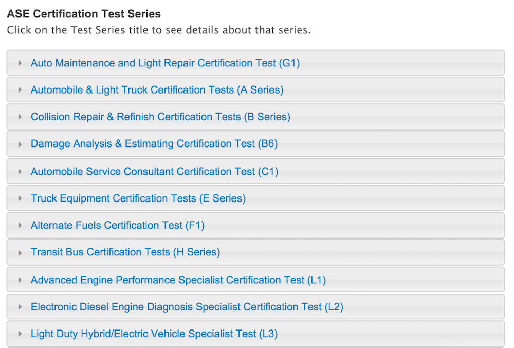 ASE certified test categories