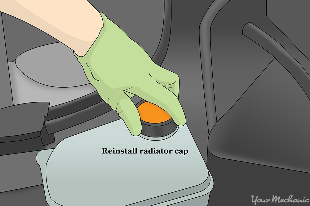 person wearing gloves reinstalling the radiator cap