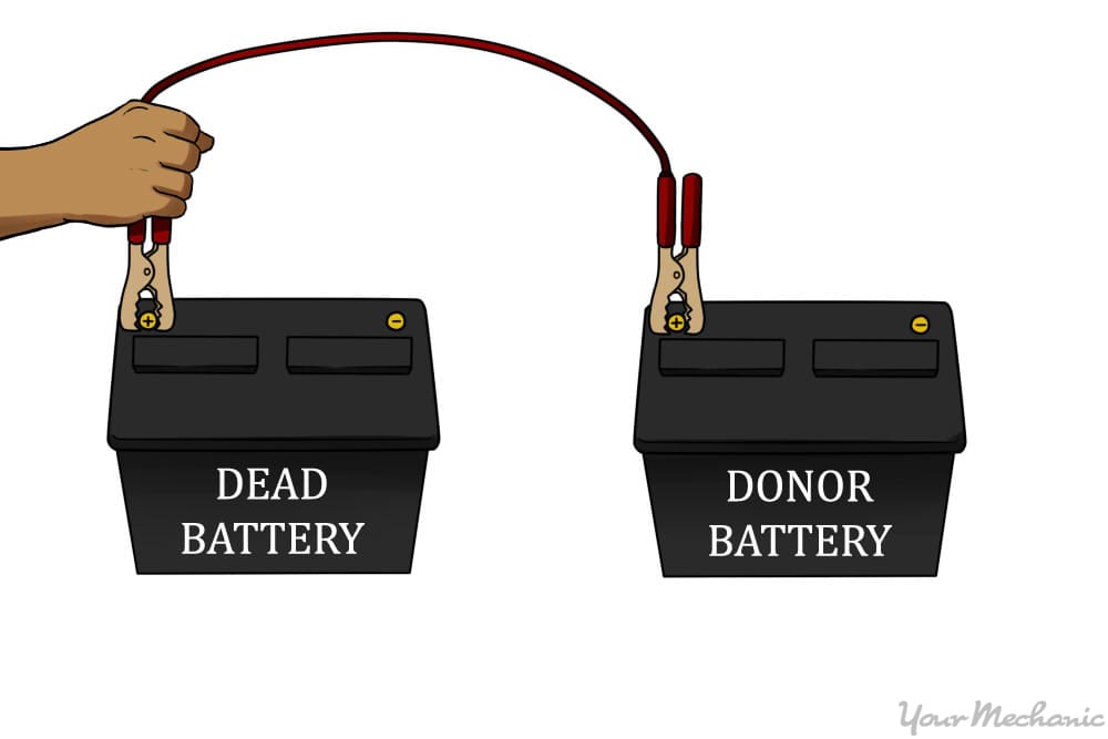 positive cable attached to dead battery and donor battery