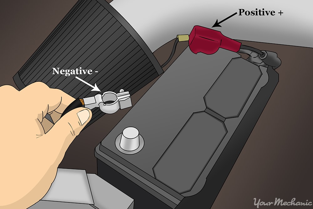 hands removing the negative battery cable