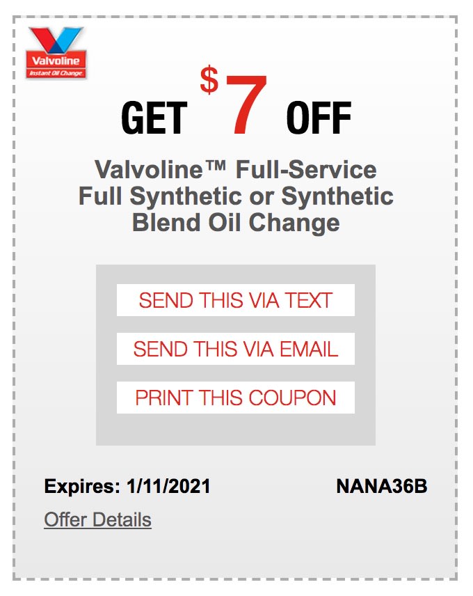 Valvoline oil change coupon for $7 off