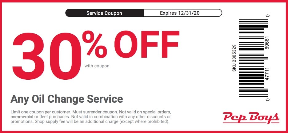 Pep Boys oil change coupon for 30% off