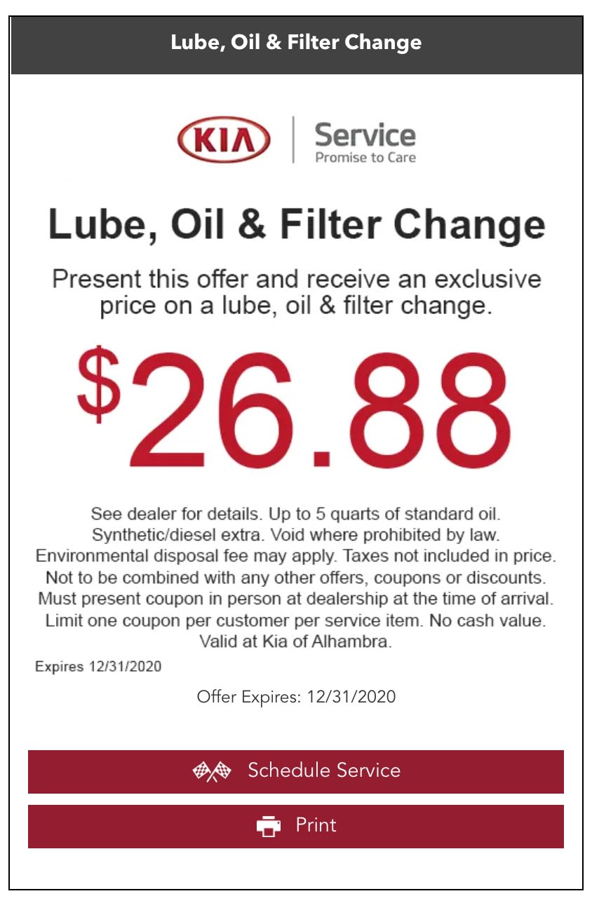 Kia oil change coupon