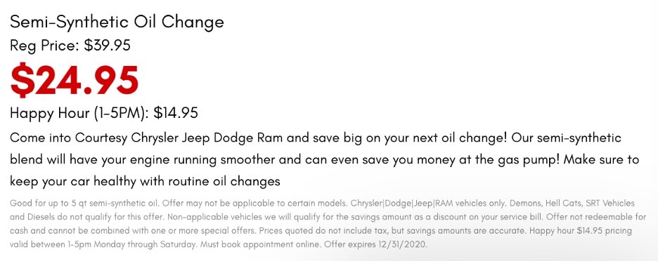 Chrysler Jeep Dodge Ram semi-synthetic oil change coupon