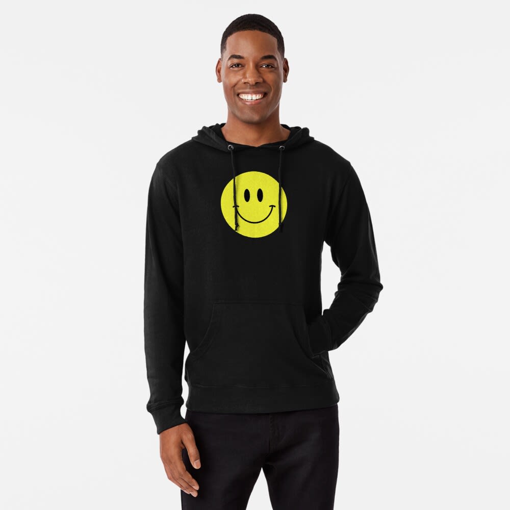 black hoodie with yellow smiley face